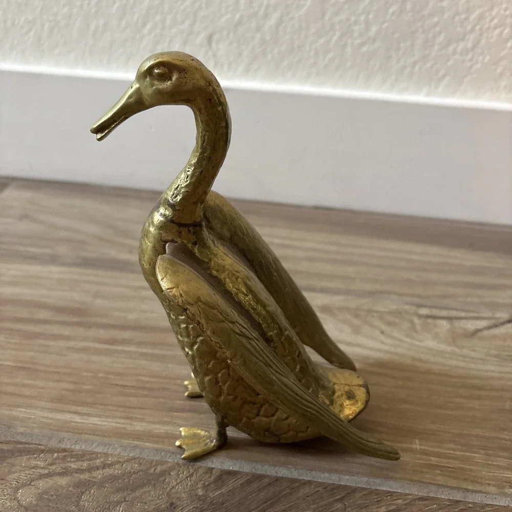 Vintage Brass Duck Figurine Wings Open 9